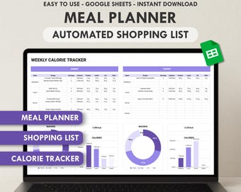 Weekly Meal Planner Google Sheets Grocery List Calorie Tracker Automated Shopping List Automatic Grocery List Digital Food Journal Menu