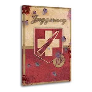 Puede incluir: Impresión en lienzo rectangular con un diseño desgastado. La impresión presenta la palabra "Juggernog" en la parte superior, una cruz roja y blanca con una bala y una moneda de "10¢". El fondo es una mezcla de rojo, beige y marrón.