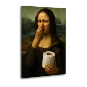 May include: A canvas print depicting a parody of the Mona Lisa. The subject pinches her nose with one hand and holds a roll of toilet paper. The background shows a landscape with green and brown tones.
