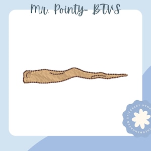 May include: A tan-coloured, elongated design with a textured appearance, possibly a decorative element or applique. The design is outlined with small, dark brown dots. The text "Mr. Pointy - BTVS" is at the top. A blue and white logo is in the bottom right corner.