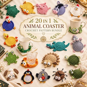 Puede incluir: Una colección de veinte posavasos de ganchillo con diseños de animales como rana, cerdo, pollo, burro, pato, cocodrilo, erizo y pingüino, con una etiqueta central que dice 20 IN 1 ANIMAL COASTER CROCHET PATTERN BUNDLE.