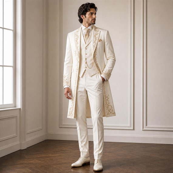 white and gold dress code Men Ivory Wedding Suit, Victorian Tailcoat, Embroidered Groom Suit, Royal Prince Wedding Outfit, Luxury Formal Mens 3 Piece Suit #bfreebabe