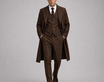 Vintage Brown 3 Piece Suit for Men, Peaky Blinders Style Outfit, Tweed Wedding Suit, Classic Gentleman Overcoat Set, Retro Formal Wear