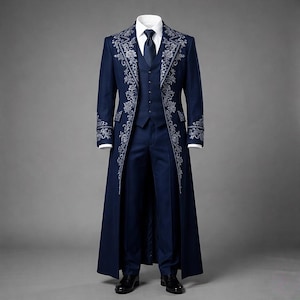 green emerald velvet dress Men's Suit Navy Blue 3 Piece Checked Tailored Fit Formal Dress main image 1