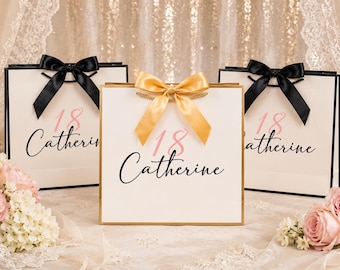 Emballage personnalisé pour cadeau d'anniversaire, nom et âge personnalisés pour la célébration d'un jalon, sac cadeau de fête élégant pour les invités