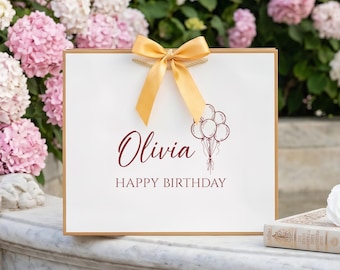 Bolsa de regalo de cumpleaños personalizada, bolsa de regalo con nombre personalizado, elegante bolsa para envolver regalos de cumpleaños, regalo de cumpleaños para mujeres y niñas.