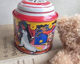 Giocattolo a carica manuale in latta del circo Lorenz Bolz, litografia raffigurante un elefante e un tamburo, Germania Ovest, anni '50.