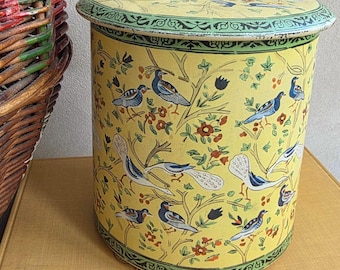 Scatola di latta vintage con litografia floreale e motivo di uccelli, contenitore da cucina retrò