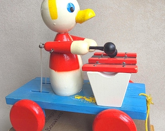 Pato de madera vintage para tirar – Xilófono musical de mediados de siglo