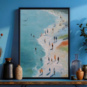 Serene Beach Scene with Tiny Figures - Vibrant Coastal Landscape Painting - Ocean Waves and Sandy Shore - Wall Art for Relaxation