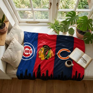 Chicago Sports Blanket, Cubs Blackhawks Bears Throw, City Skyline Flannel Blanket, Sports Fan Aesthetic Throw, Cozy Gift Blanket