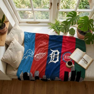 Detroit Sports Blanket, Lions Red Wings Tigers Throw, City Skyline Flannel Blanket, Sports Fan Aesthetic Throw, Cozy Gift Blanket