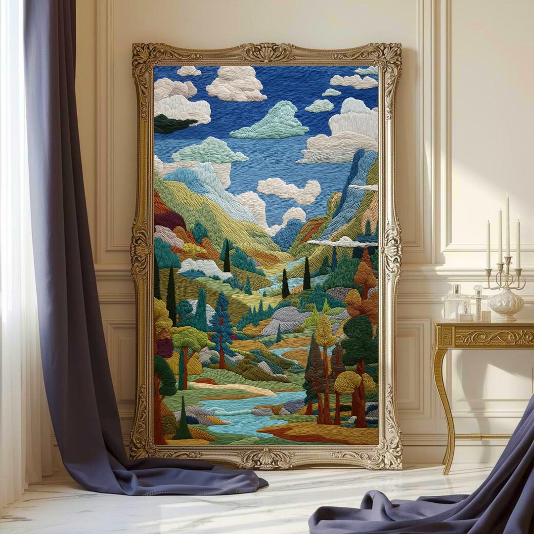 Embossed Landscape Colorful Embroidered Landscape Scene - Majestic Mountains and Lush ...