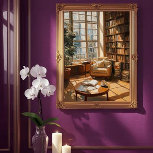 Acogedor rincón de biblioteca con sillón bañado por el sol: estanterías, taza de café y libro abierto. Decoración tranquila para sala de estudio. Arte mural para amantes de los libros.