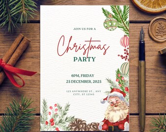 May include: A Christmas party invitation with festive watercolor illustrations. The invitation features the text "Join us for a Christmas Party" with the date and time. Santa Claus is depicted in the lower right corner. The invitation is surrounded by pine needles and ornaments.