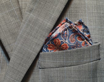 Blue & Orange Paisley Floral - Hand Rolled 100% Cotton Pocket Square