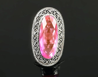Anillo de plata esterlina con kunzita facetada • Joyería bohemia vintage hecha a mano