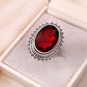 Handcrafted Oval Red Garnet Statement Ring, Oxidized Sterling Silver Vintage Design