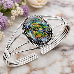 Handgjort armband med triplett eldopal i sterlingsilver, australiskt ädelstensmanschett