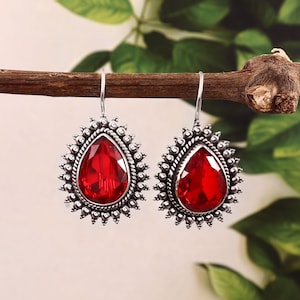 Boucles d'oreilles pendantes en forme de larme, rouge rubis, faites main, en argent sterling 925, style halo vintage