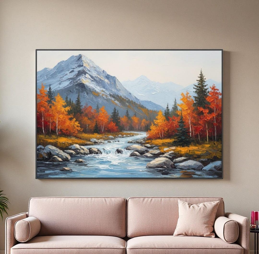 Original Autumn Mountain River Landscape Oil Painting, Textured Forest ...