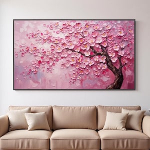 以下が含まれることがあります： 満開の桜の木を描いた、長方形のキャンバスアート。ピンクの花と濃い茶色の幹が特徴で、柔らかなピンク色の背景に映えます。インテリアに最適な、鮮やかで詳細な花のシーンです。