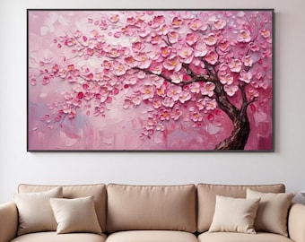 Origineel olieverfschilderij roze kersenbloesemboom, grote getextureerde impasto muurkunst, lente bloemen decor, abstracte natuur canvaskunst