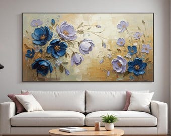 Original Oil Painting Impasto Blue and Purple Flowers Textured Wall Art, Large Floral Canvas Art, Abstract Bloom Decor, Living Room Artwork