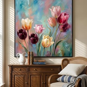 May include: A framed oil painting featuring a vibrant bouquet of tulips in shades of pink, red, yellow, and purple. The flowers are set against a soft, blended background of blue, pink, and green hues. The painting is displayed above a wooden cabinet.
