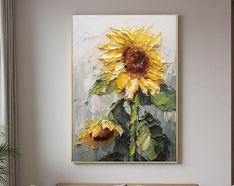 Large Textured Sunflower Oil Painting, Vibrant Sunflower Painting, Bright Yellow Flower Canvas Art, Rustic Botanical Wall Decor