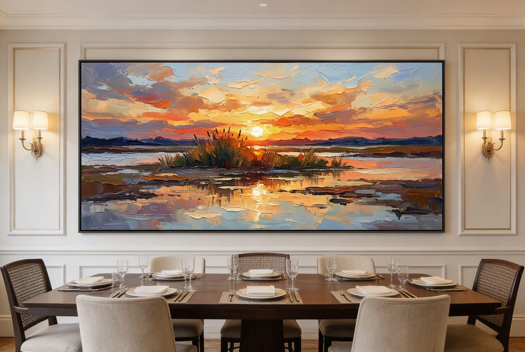 Large Impasto Sunset Oil Painting on Canvas, Abstract Landscape Wall ...