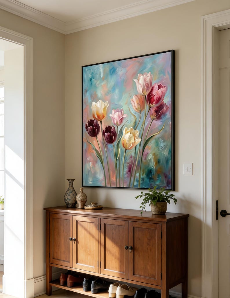 May include: A framed floral painting featuring tulips in shades of pink, yellow, and burgundy against a colorful background. The artwork hangs above a wooden cabinet with decorative vases and a potted plant.