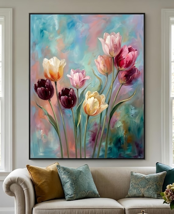 Abstract Floral Oil Painting Canvas, Large Vertical Flower Wall Decor, Colorful Tulip Wall Art for Modern Living Room, Pastel Tulip Art