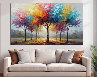 Abstracte bloesemboom olieverfschilderij op canvas, originele kleurrijke muurkunst, levendige kunst aan de grote muur, moderne woonkamer, decor natuur