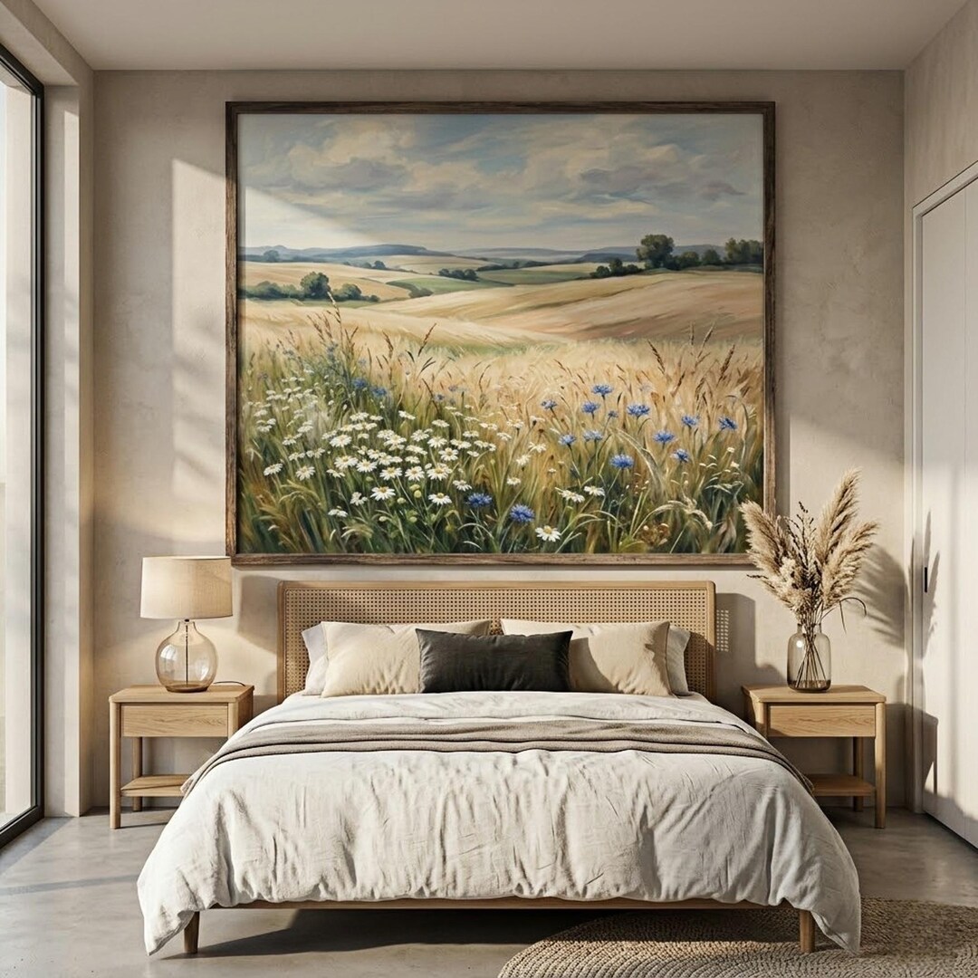 Wildflower Landscape Oil Painting, Framed Countryside Field Wall Art ...
