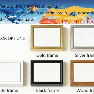 May include: An image showcasing five picture frames in various colors: gold, silver, white, black, and wood. The text "5 COLOR OPTIONS" is displayed above the frames. The image also includes text about worldwide shipping.