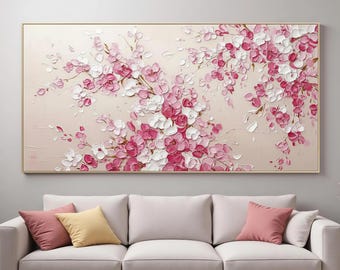Origineel getextureerd roze en witte kersenbloesemolieverfschilderij op canvas, grote roze bloemenmuurkunst, modern lentebloemdecor, woondecoratie