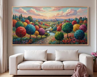 Abstract Textured Fantasy Forest Wall Art, Whimsical Castle Landscape Painting, Large Fairy Tale Forest Canvas Art