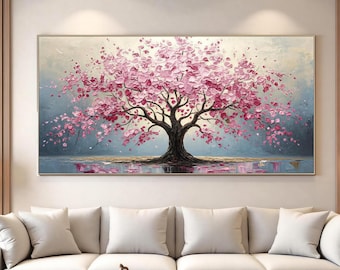 Original Oil Painting Cherry Blossom Tree Art, Textured Wall Art Impasto Pink Floral Landscape, Large Modern Home Decor Living Room Decor
