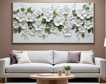 Original White 3D Floral Oil Painting, Impasto Flowers Wall Art, Large Blossom Art, Abstract Modern Botanical Wall Art, Living Room Art