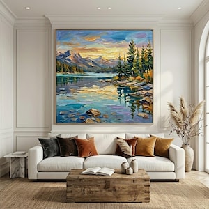 Original Palette Knife Landscape Painting, Textured Mountain Sunrise Art, Lake Reflection Wall Decor, Thick Paint Abstract Nature, Wall Art