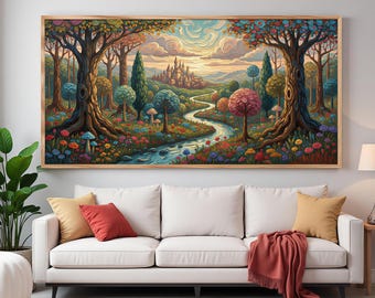 Abstract Textured Fantasy Forest Wall Art, Whimsical Castle Landscape Painting, Large Fairy Tale Forest Canvas Art