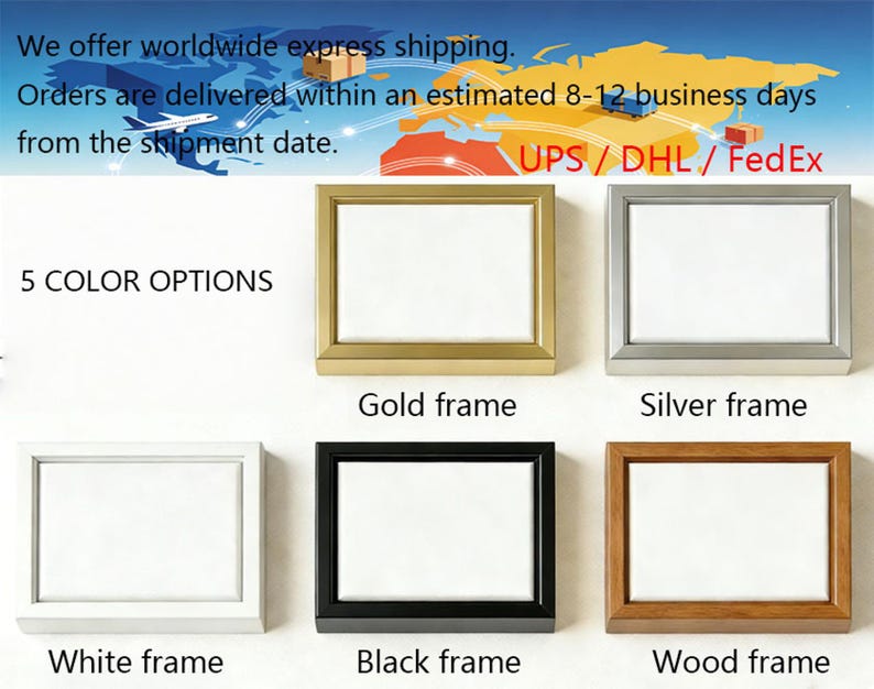 May include: Five rectangular picture frames with white inserts, displayed in a grid. The frames are available in five distinct finishes: gold, silver, white, black, and a natural wood tone. Each frame features a thick, beveled border design.