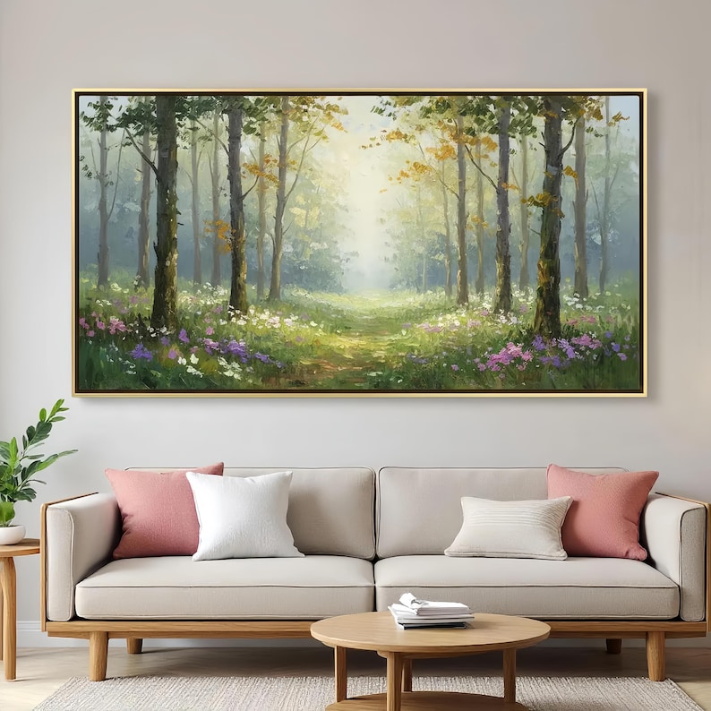 Large Forest Path Painting, Original Wildflower Landscape Art, Sunlit Woodland Scene with Wildflowers, Green Tree Painting for Living Room image 1