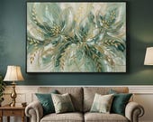 Large Sage Green Abstract Floral Oil Painting, Original Gold Leaf Canvas Art, Modern Emerald Green Wall Art for Living Room, Botanical Decor