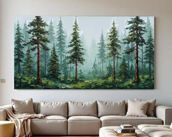 Pintura al óleo original de arte forestal empaste, pintura de paisaje, arte mural de pinos texturizados, arte de hoja perenne brumosa, decoración natural pintada a mano