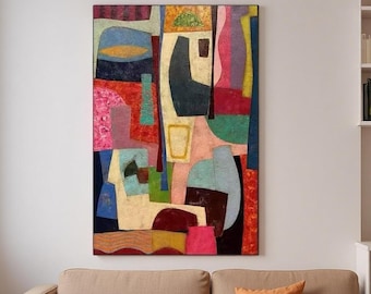 Levendige kubistische abstracte olieverfschilderij, geometrisch abstract schilderij, gedurfde kleuren moderne muurkunst voor woonkamer, hedendaagse schilderkunst