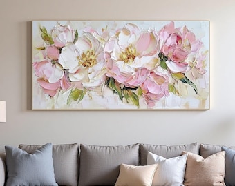 Grote abstracte bloem olieverfschilderij op canvas, getextureerde bloemen kunst aan de muur, Impasto roze pioen bloem kunst aan de muur, handgeschilderde paletmes kunst