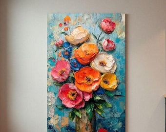 Large Impasto Flower Bouquet Art, Colorful Palette Knife Floral Art, Textured Hand Painted Colorful Flowers in Vase, Living Room Wall Art