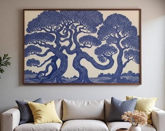 Large Blue Tree Wall Art, Abstract Fantasy Forest, Intricate Line Art Landscape, Modern Wall Art Decor